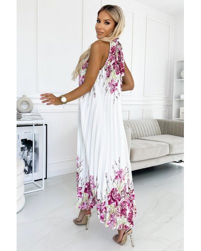 Rochie de vara lunga, din satin, alba cu flori, plisata, vaporoasa, Edna Rochii satin, Rochie de vara lunga, din satin, alba cu flori, plisata, vaporoasa, Edna - jojofashion.ro