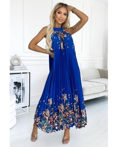 Rochie de vara lunga, albastra cu flori, plisata, vaporoasa, Edna Rochii lungi, Rochie de vara lunga, albastra cu flori, plisata, vaporoasa, Edna - jojofashion.ro