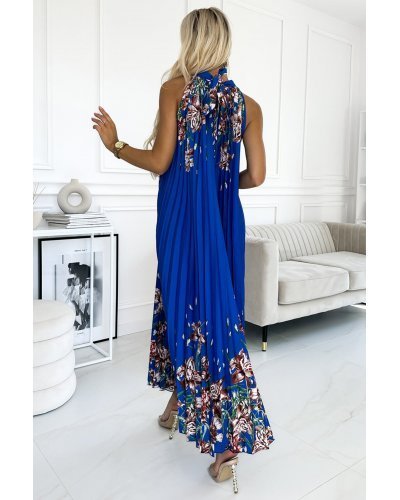 Rochie de vara lunga, albastra cu flori, plisata, vaporoasa, Edna Rochii lungi, Rochie de vara lunga, albastra cu flori, plisata, vaporoasa, Edna - jojofashion.ro