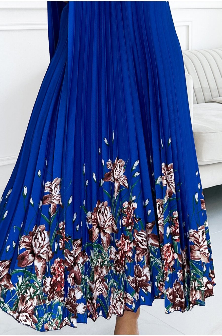 Rochie de vara lunga, albastra cu flori, plisata, vaporoasa, Edna 5 - jojofashion.ro