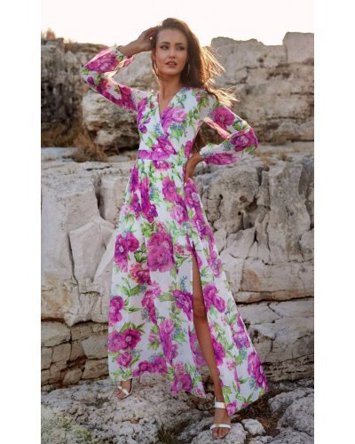 Rochie de vara lunga din voal alba cu flori mari roz vaporoasa cu maneca lunga Anamaria Rochii lungi, Rochie de vara lunga din voal alba cu flori mari roz vaporoasa cu maneca lunga Anamaria - jojofashion.ro