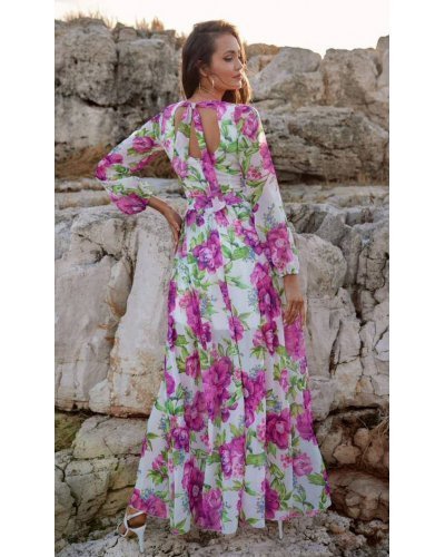 Rochie de vara lunga din voal alba cu flori mari roz vaporoasa cu maneca lunga Anamaria Rochii lungi, Rochie de vara lunga din voal alba cu flori mari roz vaporoasa cu maneca lunga Anamaria - jojofashion.ro