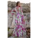 Rochie de vara lunga, din voal, alba cu flori mari roz, vaporoasa, cu maneca lunga, Anamaria 3 - jojofashion.ro