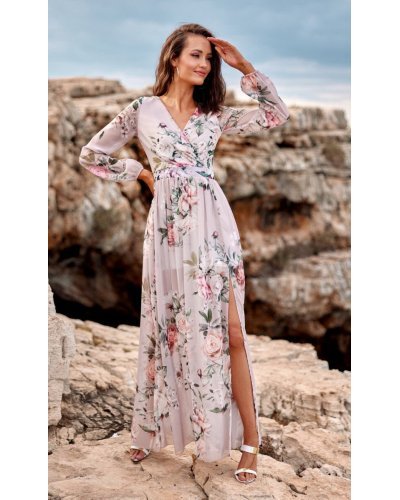 Rochie de vara lunga din voal bej cu flori vaporoasa cu maneca lunga Anamaria Rochii lungi, Rochie de vara lunga din voal bej cu flori vaporoasa cu maneca lunga Anamaria - jojofashion.ro