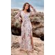 Rochie de vara lunga din voal bej cu flori vaporoasa cu maneca lunga Anamaria 2 - jojofashion.ro