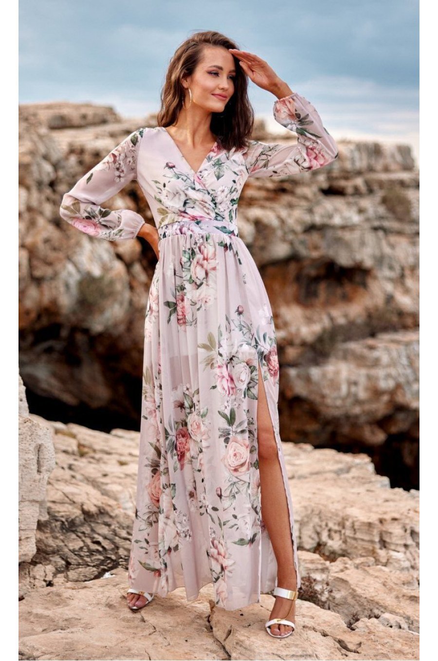 Rochie de vara lunga din voal bej cu flori vaporoasa cu maneca lunga Anamaria 1 - jojofashion.ro