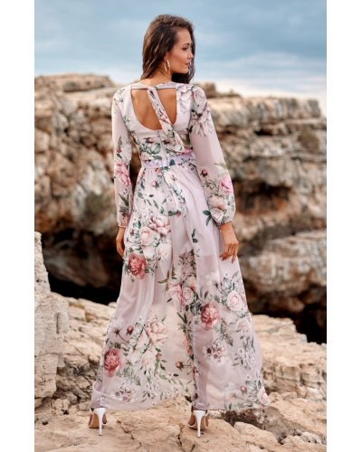 Rochie de vara lunga din voal bej cu flori vaporoasa cu maneca lunga Anamaria Rochii lungi, Rochie de vara lunga din voal bej cu flori vaporoasa cu maneca lunga Anamaria - jojofashion.ro