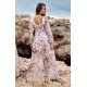 Rochie de vara lunga din voal bej cu flori vaporoasa cu maneca lunga Anamaria 3 - jojofashion.ro