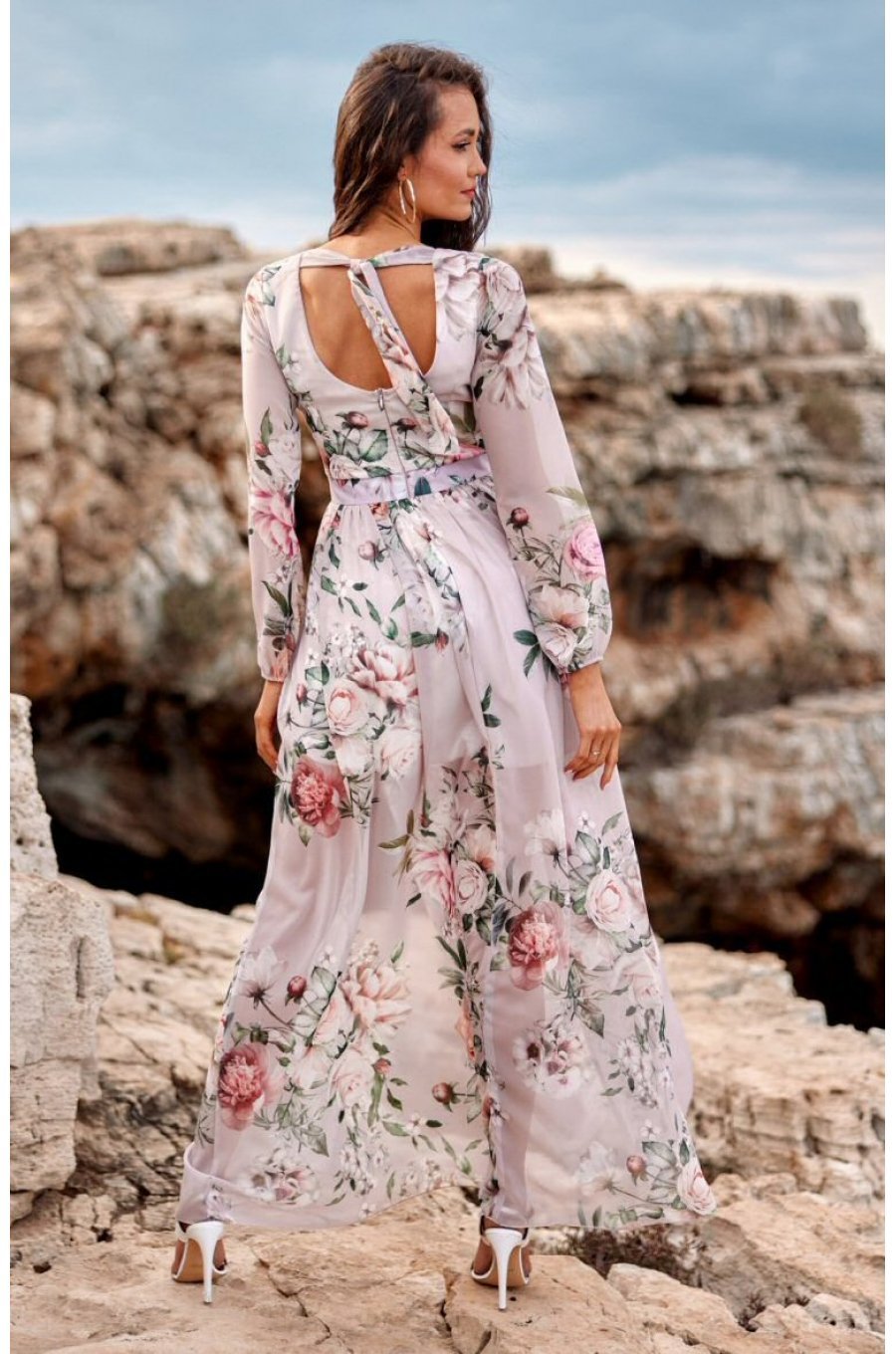Rochie de vara lunga din voal bej cu flori vaporoasa cu maneca lunga Anamaria 2 - jojofashion.ro