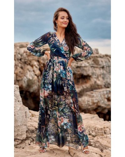 Rochie de vara lunga din voal bleumarin cu flori albastre si roz vaporoasa cu maneca lunga Anamaria Rochii lungi, Rochie de vara lunga din voal bleumarin cu flori albastre si roz vaporoasa cu maneca lunga Anamaria - jojofashion.ro