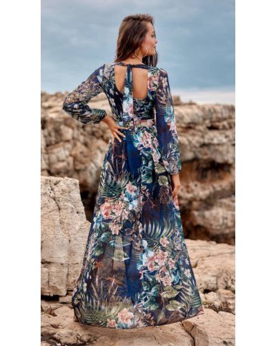Rochie de vara lunga din voal bleumarin cu flori albastre si roz vaporoasa cu maneca lunga Anamaria Rochii lungi, Rochie de vara lunga din voal bleumarin cu flori albastre si roz vaporoasa cu maneca lunga Anamaria - jojofashion.ro