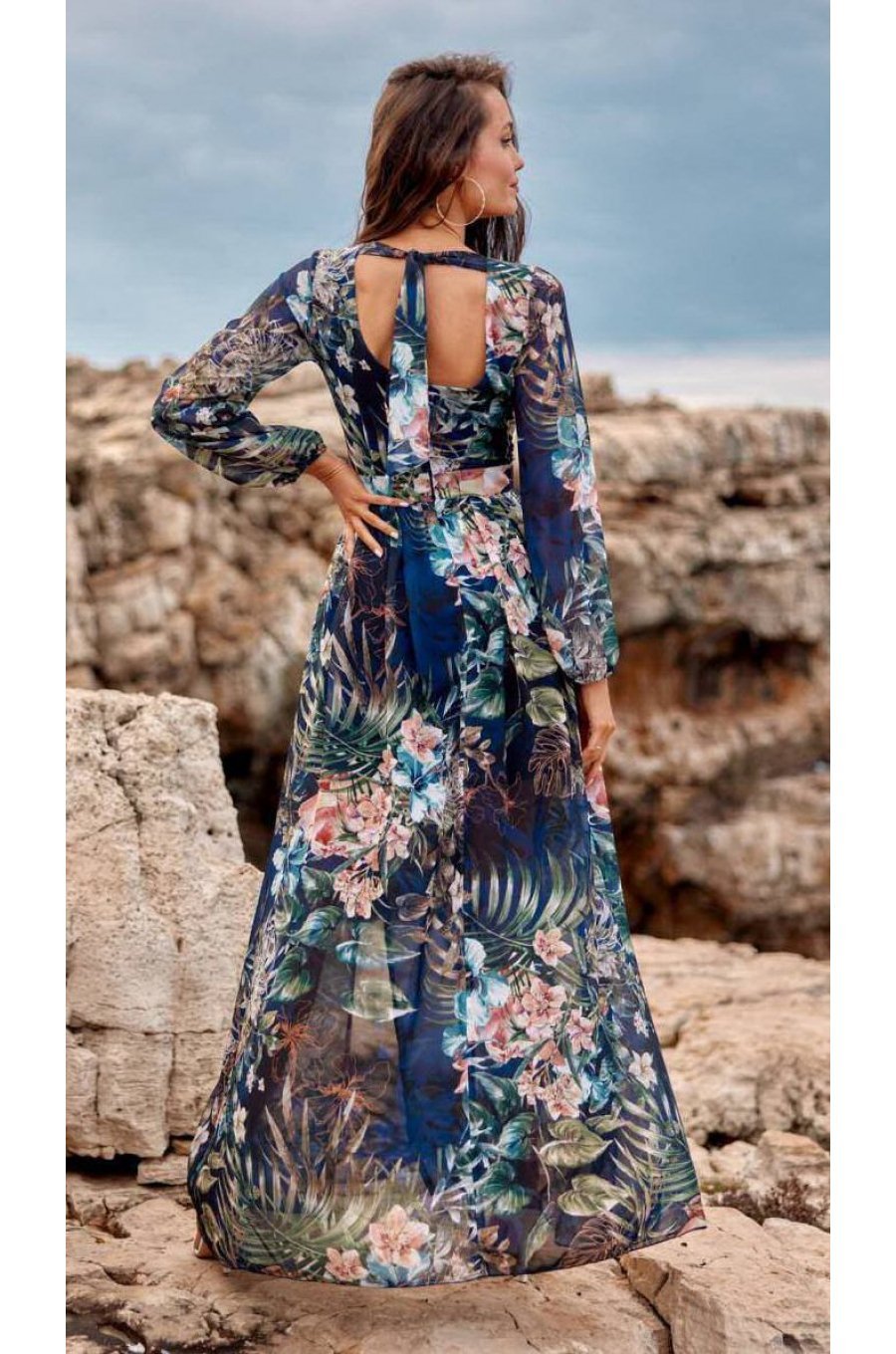 Rochie de vara lunga, din voal, bleumarin cu flori albastre si roz, vaporoasa, cu maneca lunga, Anamaria 2 - jojofashion.ro