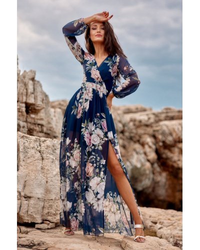 Rochie de vara lunga din voal bleumarin cu flori vaporoasa cu maneca lunga Anamaria Rochii lungi, Rochie de vara lunga din voal bleumarin cu flori vaporoasa cu maneca lunga Anamaria - jojofashion.ro