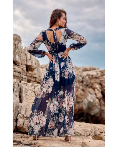 Rochie de vara lunga din voal bleumarin cu flori vaporoasa cu maneca lunga Anamaria Rochii lungi, Rochie de vara lunga din voal bleumarin cu flori vaporoasa cu maneca lunga Anamaria - jojofashion.ro