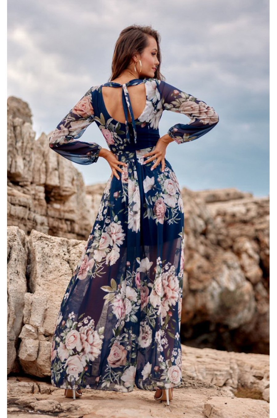 Rochie de vara lunga din voal bleumarin cu flori vaporoasa cu maneca lunga Anamaria 2 - jojofashion.ro