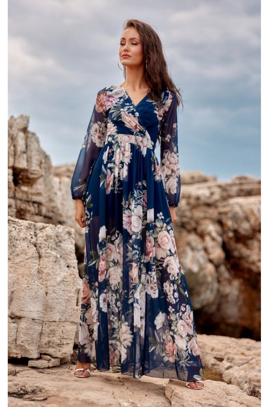 Rochie de vara lunga din voal bleumarin cu flori vaporoasa cu maneca lunga Anamaria 3 - jojofashion.ro