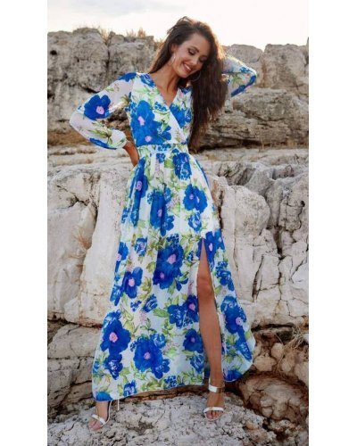 Rochie de vara lunga din voal ecru cu flori bleu vaporoasa cu maneca lunga Anamaria Rochii lungi, Rochie de vara lunga din voal ecru cu flori bleu vaporoasa cu maneca lunga Anamaria - jojofashion.ro