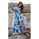 Rochie de vara lunga, din voal, ecru cu flori bleu, vaporoasa, cu maneca lunga, Anamaria 2 - jojofashion.ro