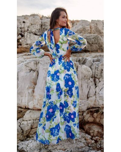 Rochie de vara lunga din voal ecru cu flori bleu vaporoasa cu maneca lunga Anamaria Rochii lungi, Rochie de vara lunga din voal ecru cu flori bleu vaporoasa cu maneca lunga Anamaria - jojofashion.ro