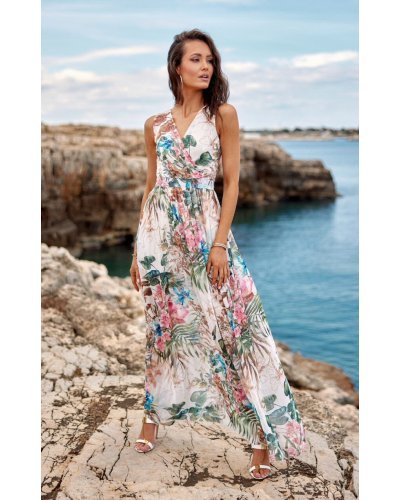 Rochie lunga de vara din chiffon ecru cu flori multicolore vaporoasa Kosima Rochii lungi, Rochie lunga de vara din chiffon ecru cu flori multicolore vaporoasa Kosima - jojofashion.ro