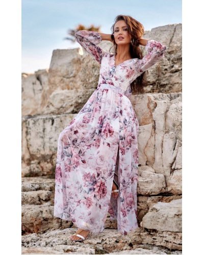 Rochie de vara lunga, din voal, ecru cu flori roz, vaporoasa, cu maneca lunga, Anamaria Rochii lungi, Rochie de vara lunga, din voal, ecru cu flori roz, vaporoasa, cu maneca lunga, Anamaria - jojofashion.ro