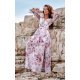 Rochie de vara lunga, din voal, ecru cu flori roz, vaporoasa, cu maneca lunga, Anamaria 2 - jojofashion.ro