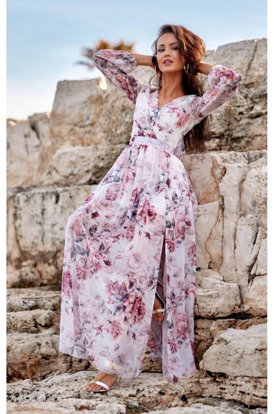 Rochie de vara lunga, din voal, ecru cu flori roz, vaporoasa, cu maneca lunga, Anamaria 1 - jojofashion.ro