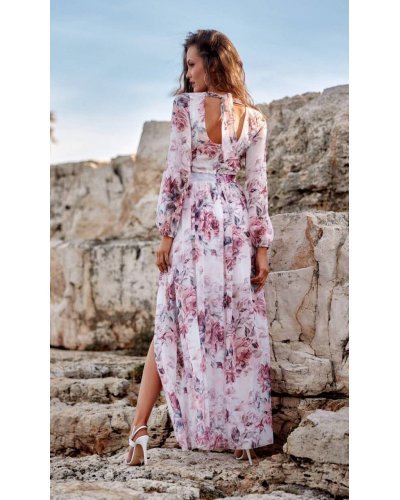Rochie de vara lunga, din voal, ecru cu flori roz, vaporoasa, cu maneca lunga, Anamaria Rochii lungi, Rochie de vara lunga, din voal, ecru cu flori roz, vaporoasa, cu maneca lunga, Anamaria - jojofashion.ro