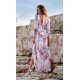 Rochie de vara lunga, din voal, ecru cu flori roz, vaporoasa, cu maneca lunga, Anamaria 3 - jojofashion.ro