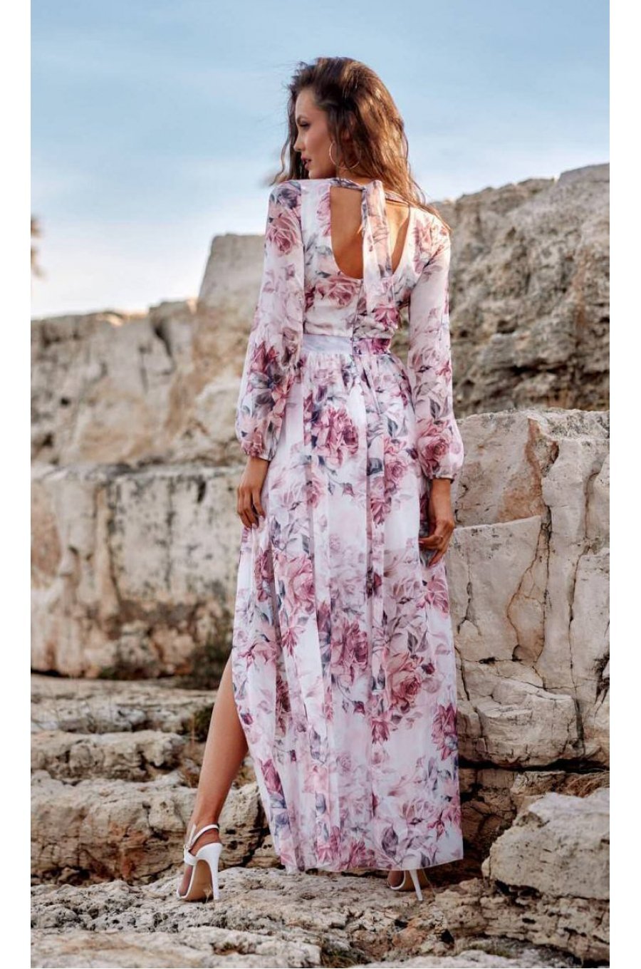 Rochie de vara lunga, din voal, ecru cu flori roz, vaporoasa, cu maneca lunga, Anamaria 2 - jojofashion.ro