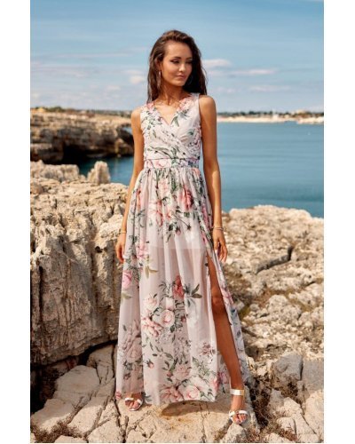 Rochie de vara lunga, din chiffon bej cu flori, vaporoasa, Kosima Rochii lungi, Rochie de vara lunga, din chiffon bej cu flori, vaporoasa, Kosima - jojofashion.ro