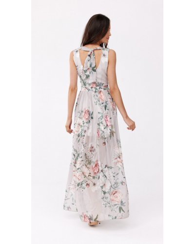 Rochie de vara lunga, din chiffon bej cu flori, vaporoasa, Kosima Rochii lungi, Rochie de vara lunga, din chiffon bej cu flori, vaporoasa, Kosima - jojofashion.ro