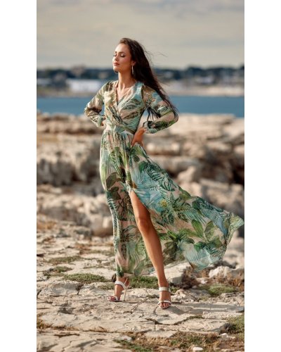 Rochie de vara lunga din voal kaki multicolor cu maneca lunga Anamaria Rochii de zi, Rochie de vara lunga din voal kaki multicolor cu maneca lunga Anamaria - jojofashion.ro