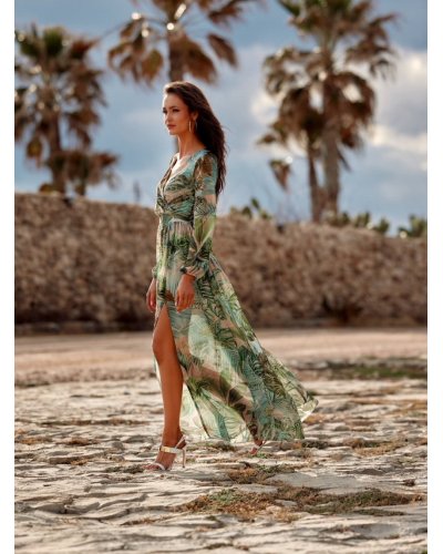 Rochie de vara lunga din voal kaki multicolor cu maneca lunga Anamaria Rochii de zi, Rochie de vara lunga din voal kaki multicolor cu maneca lunga Anamaria - jojofashion.ro