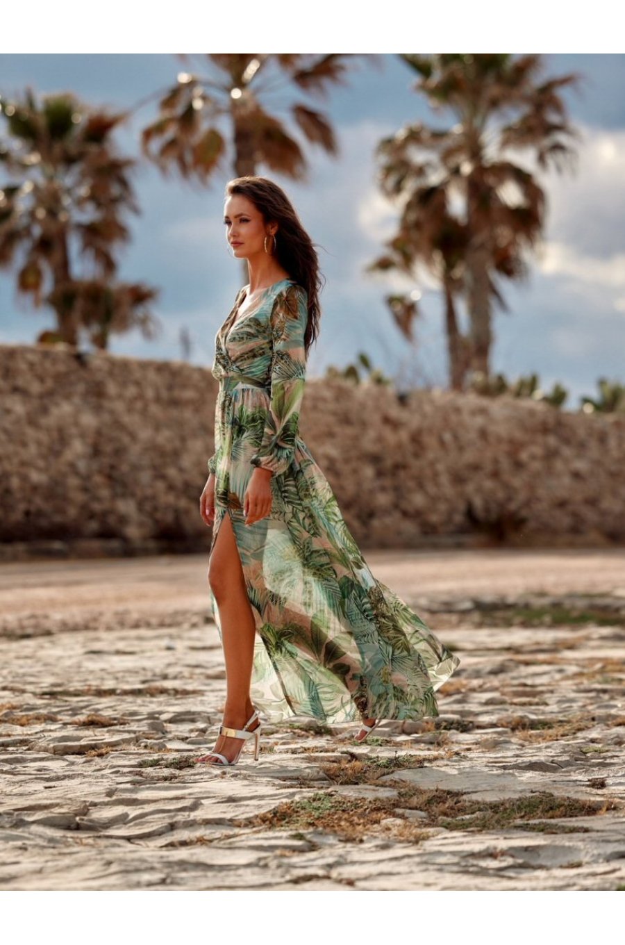Rochie de vara lunga din voal kaki multicolor cu maneca lunga Anamaria Rochie de vara lunga din voal kaki multicolor cu maneca lunga Anamaria 2 - jojofashion.ro