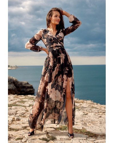 Rochie de vara lunga din voal neagra cu flori vaporoasa cu maneca lunga Anamaria Rochii lungi, Rochie de vara lunga din voal neagra cu flori vaporoasa cu maneca lunga Anamaria - jojofashion.ro