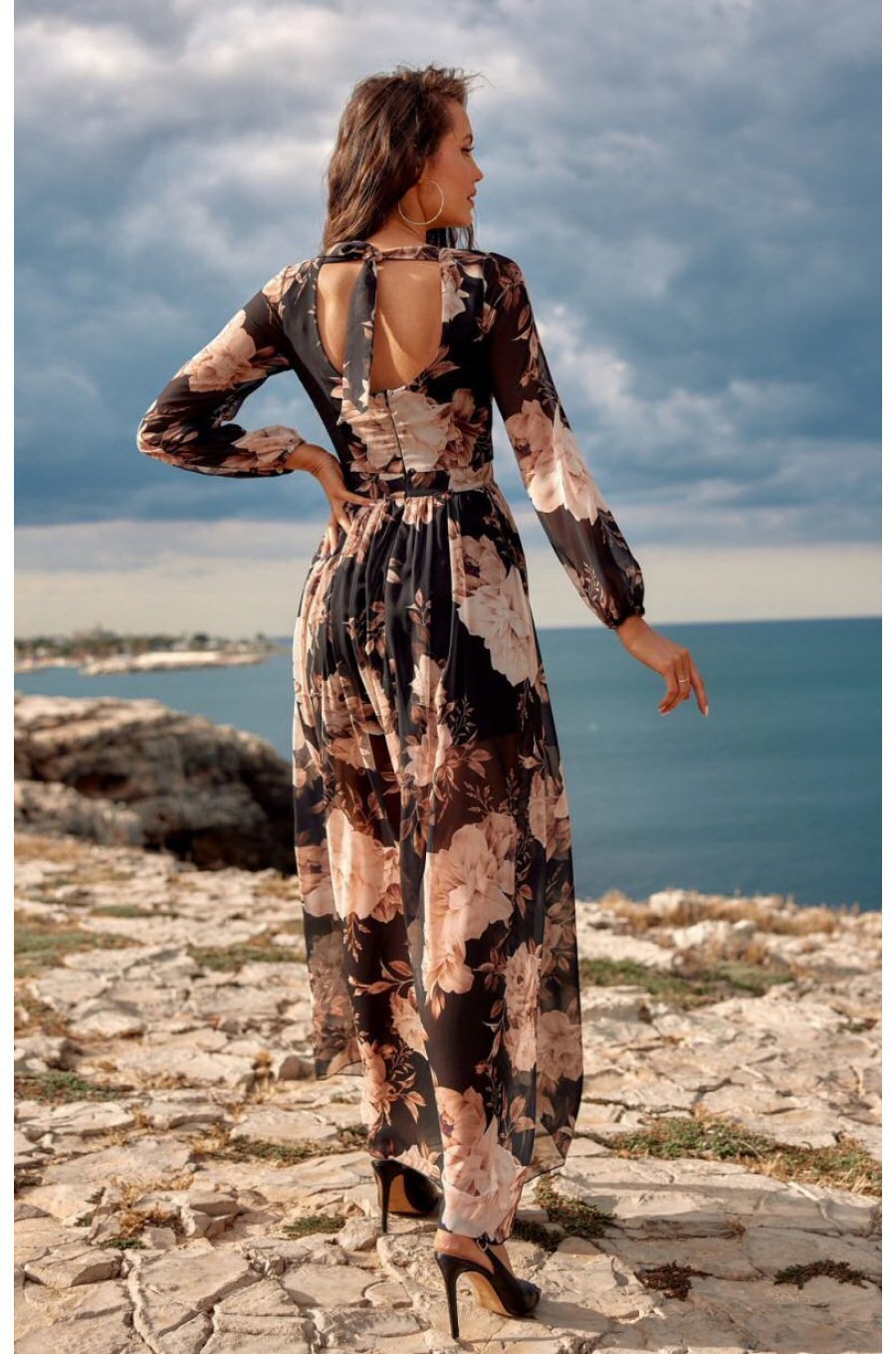 Rochie de vara lunga din voal neagra cu flori vaporoasa cu maneca lunga Anamaria 2 - jojofashion.ro
