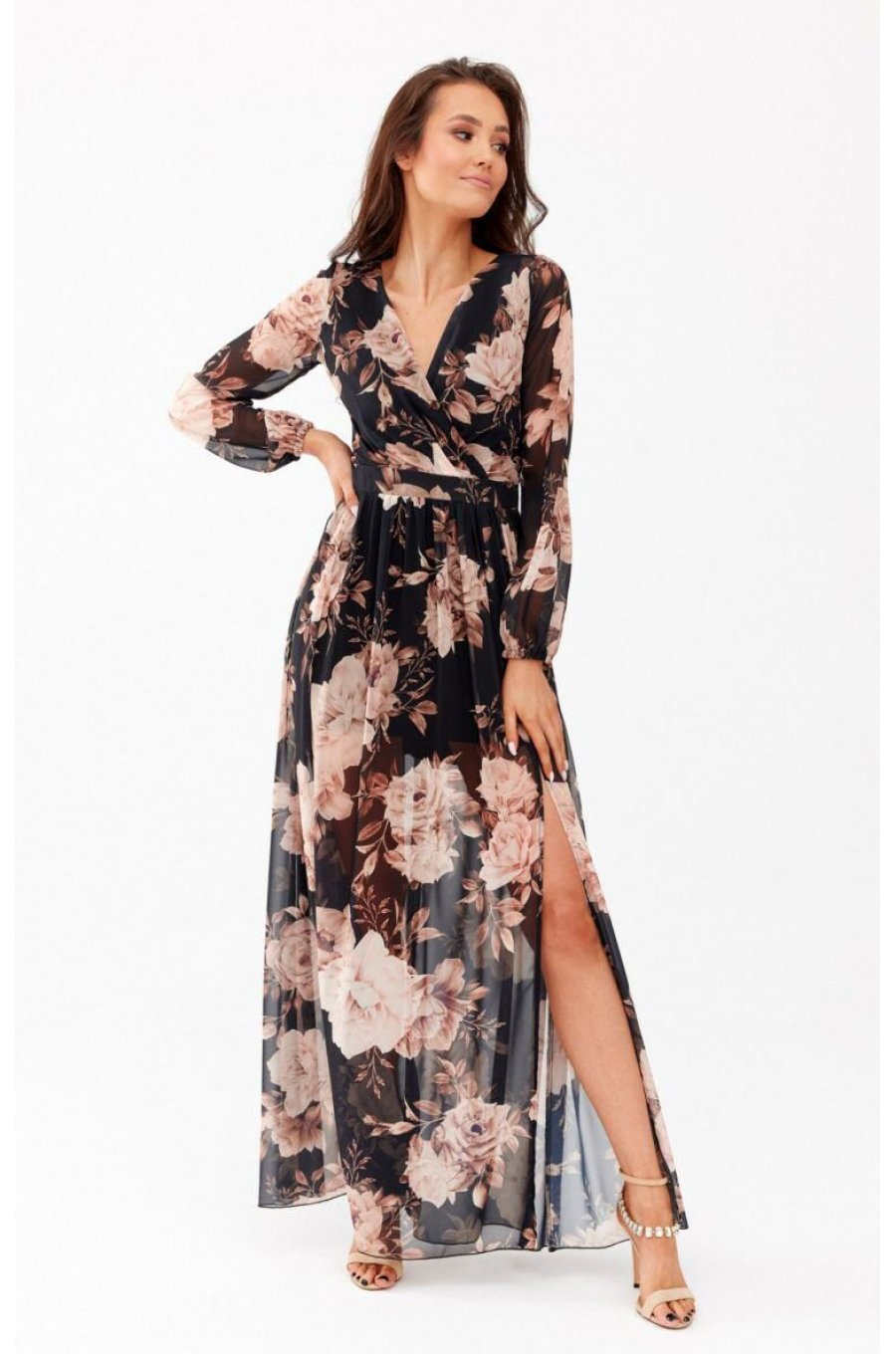 Rochie de vara lunga din voal neagra cu flori vaporoasa cu maneca lunga Anamaria 3 - jojofashion.ro