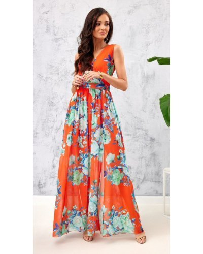 Rochie de vara lunga, din voal, orange cu flori, vaporoasa, Brietta Rochii lungi, Rochie de vara lunga, din voal, orange cu flori, vaporoasa, Brietta - jojofashion.ro