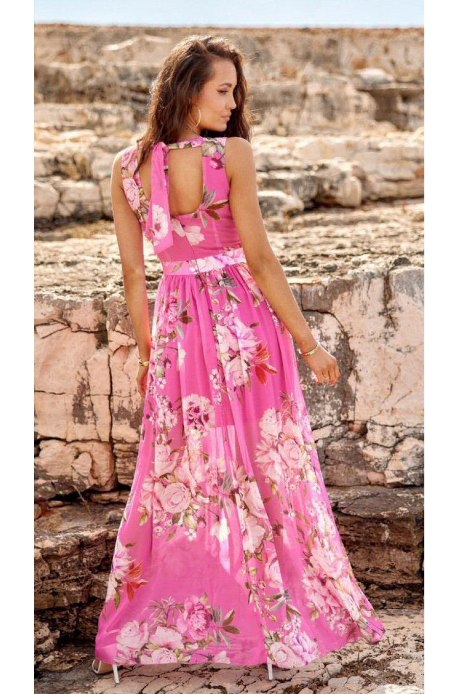 Rochie de vara lunga, din voal roz cu flori, vaporoasa, Brietta 2 - jojofashion.ro