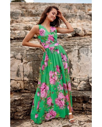Rochie de vara lunga din voal verde cu flori roz vaporoasa Brietta Rochii lungi, Rochie de vara lunga din voal verde cu flori roz vaporoasa Brietta - jojofashion.ro