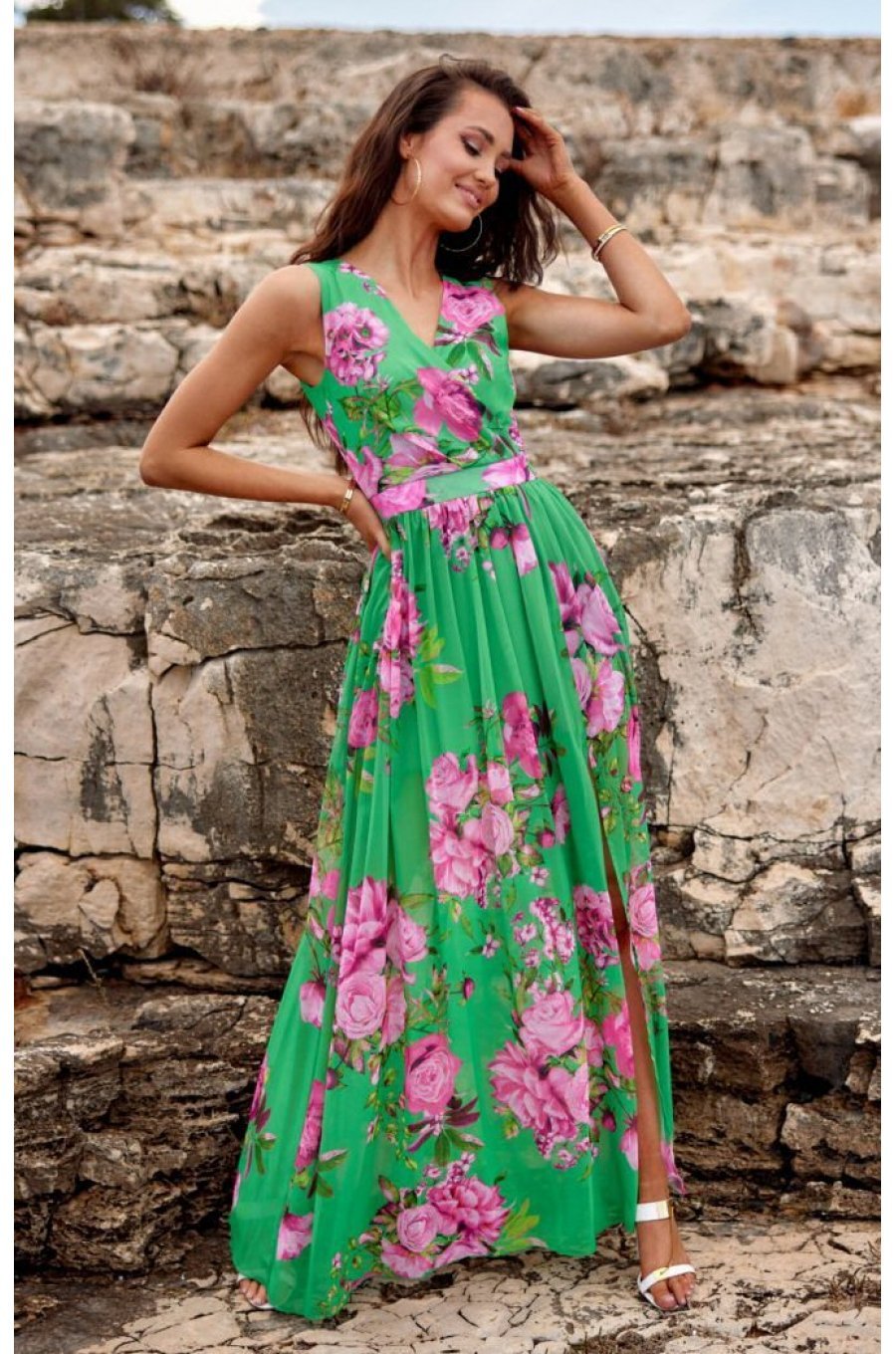 Rochie de vara lunga din voal verde cu flori roz vaporoasa Brietta 1 - jojofashion.ro
