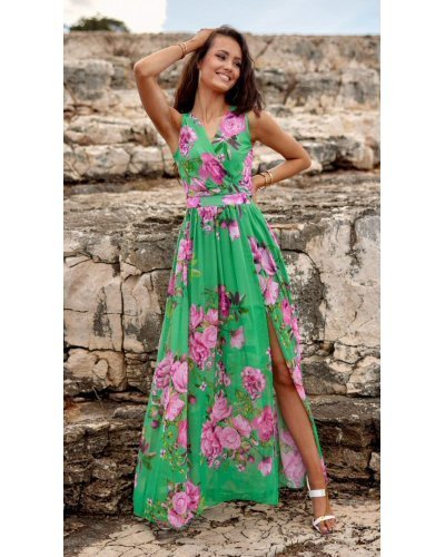 Rochie de vara lunga din voal verde cu flori roz vaporoasa Brietta Rochii lungi, Rochie de vara lunga din voal verde cu flori roz vaporoasa Brietta - jojofashion.ro