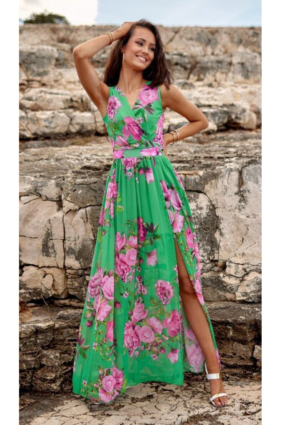 Rochie de vara lunga din voal verde cu flori roz vaporoasa Brietta 2 - jojofashion.ro