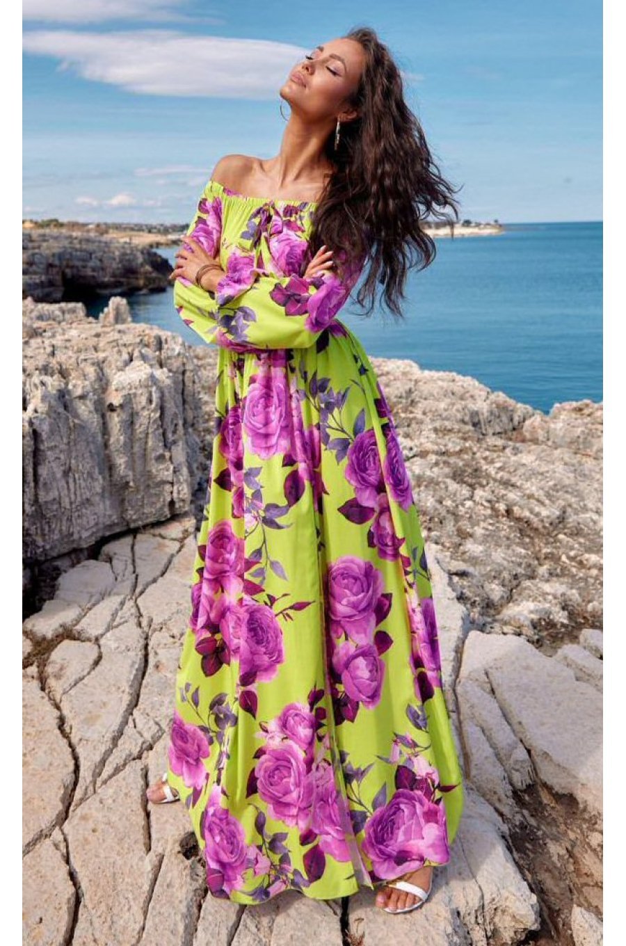 Rochie de vara lunga, galbena cu flori lila, cu maneca lunga si umeri goi, Rosalie Rochie de vara lunga, galbena cu flori lila, cu maneca lunga si umeri goi, Rosalie 3 - jojofashion.ro