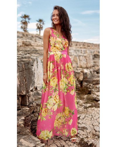 Rochie de vara lunga, din voal, roz cu flori galbene, vaporoasa, Brietta Rochii lungi, Rochie de vara lunga, din voal, roz cu flori galbene, vaporoasa, Brietta - jojofashion.ro