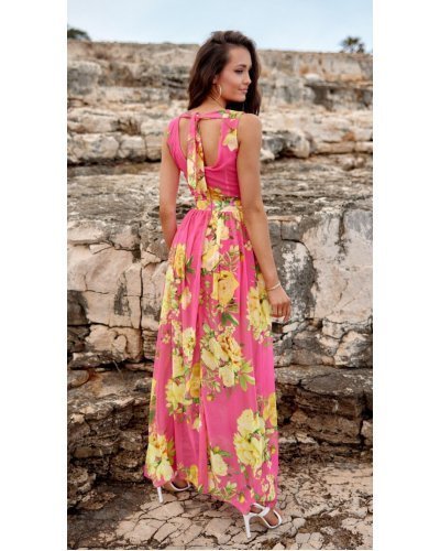 Rochie de vara lunga, din voal, roz cu flori galbene, vaporoasa, Brietta Rochii lungi, Rochie de vara lunga, din voal, roz cu flori galbene, vaporoasa, Brietta - jojofashion.ro