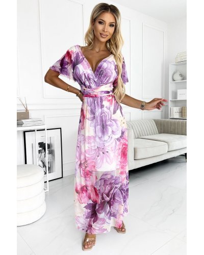 Rochie de vara lunga roz cu flori mov petrecuta Cinzia Rochii lungi, Rochie de vara lunga roz cu flori mov petrecuta Cinzia - jojofashion.ro