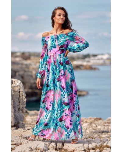 Rochie lunga de vara turcoaz cu flori lila vaporoasa cu maneca lunga si umeri goi Rosalie Rochii lungi, Rochie lunga de vara turcoaz cu flori lila vaporoasa cu maneca lunga si umeri goi Rosalie - jojofashion.ro