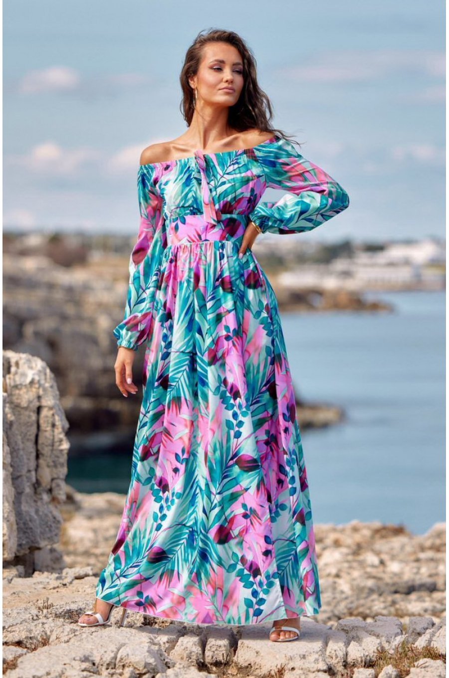 Rochie lunga de vara turcoaz cu flori lila vaporoasa cu maneca lunga si umeri goi Rosalie 1 - jojofashion.ro